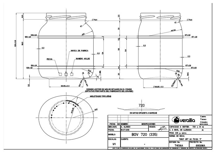 Mediterraneo Bote de Vidrio con Tapa, Capacidad 720 ml (720 cc), Diámetro 10.8 cm, Altura 13 cm (8 Unidades)