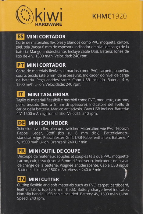 Kiwi Mini Cortador Eléctrico USB 240 RPM, Dimensiones: 23 cm x 7 cm x 10 cm, Peso 2.20 kg (4 Unidades)