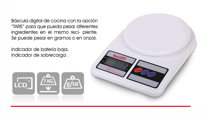 Basic Home Báscula Cocina Digital 7 kg, 18.5 x 4 x 24.5 cm (6 Unidades) Basic Home Báscula Cocina Digital 7 kg, 18.5 x 4 x 24.5 cm (6 Unidades)