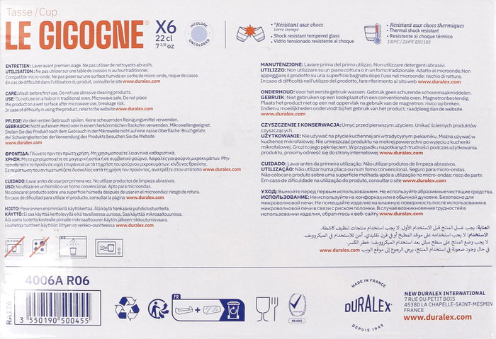 Duralex Set 6 Tazas con Asa Transparente "Gigogne" 22 cl (12 Cajas)