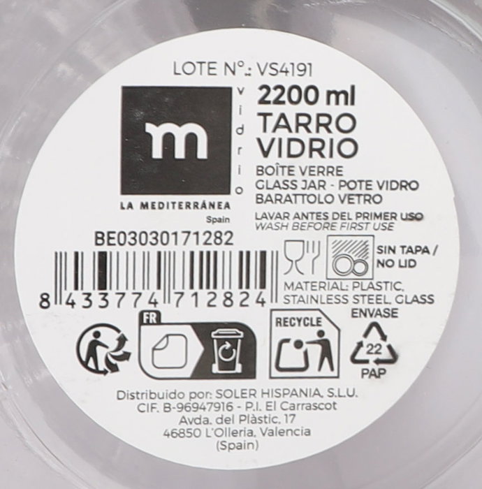 Anna Tarro de Vidrio con Tapa de Acero 2.20 Lt. - Medidas 11x11x27 cm (12 Unidades)