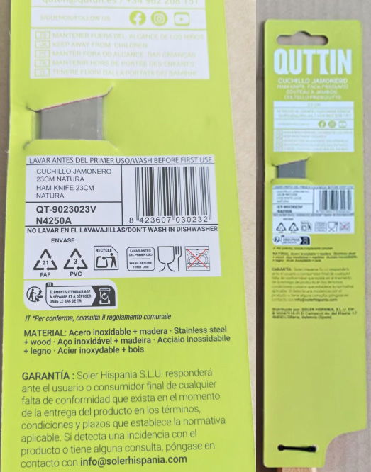 Quttin Cuchillo Jamonero Natura 22.5 cm Hoja 23cm (32 Unidades)