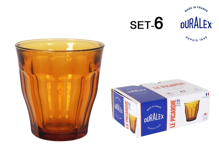 Duralex Set de 6 Vasos Picardie de 25 cl, Color Ámbar, Vidrio Templado para Bebidas - Dimensiones: 9.8 cm Alto (12 Cajas)