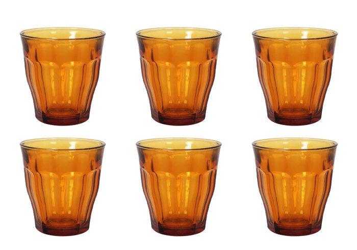 Duralex Set de 6 Vasos Picardie de 25 cl, Color Ámbar, Vidrio Templado para Bebidas - Dimensiones: 9.8 cm Alto (12 Cajas)