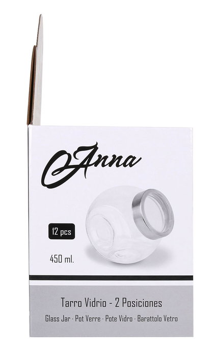 Anna Tarro de Vidrio con Tapa 2 Posiciones, 450 ml, Dimensiones 7,9 x 10,5 x 10,4 cm, Peso 6.27 kg (24 Unidades) Anna Tarro de Vidrio con Tapa 2 Posiciones, 450 ml, Dimensiones 7,9 x 10,5 x 10,4 cm, Peso 6.27 kg (24 Unidades)
