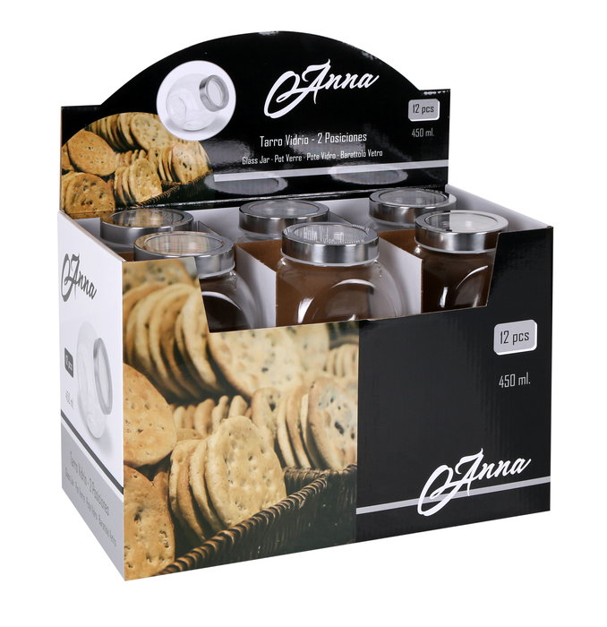 Anna Tarro de Vidrio con Tapa 2 Posiciones, 450 ml, Dimensiones 7,9 x 10,5 x 10,4 cm, Peso 6.27 kg (24 Unidades)