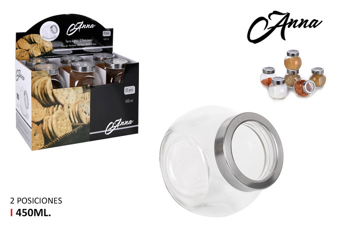 Anna Tarro de Vidrio con Tapa 2 Posiciones, 450 ml, Dimensiones 7,9 x 10,5 x 10,4 cm, Peso 6.27 kg (24 Unidades) Anna Tarro de Vidrio con Tapa 2 Posiciones, 450 ml, Dimensiones 7,9 x 10,5 x 10,4 cm, Peso 6.27 kg (24 Unidades)