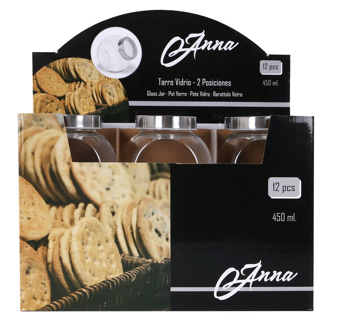 Anna Tarro de Vidrio con Tapa 2 Posiciones, 450 ml, Dimensiones 7,9 x 10,5 x 10,4 cm, Peso 6.27 kg (24 Unidades) Anna Tarro de Vidrio con Tapa 2 Posiciones, 450 ml, Dimensiones 7,9 x 10,5 x 10,4 cm, Peso 6.27 kg (24 Unidades)