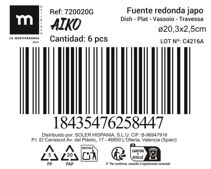 La Mediterranea Fuente Redonda 20 cm Surtido de 6 (18 Unidades)