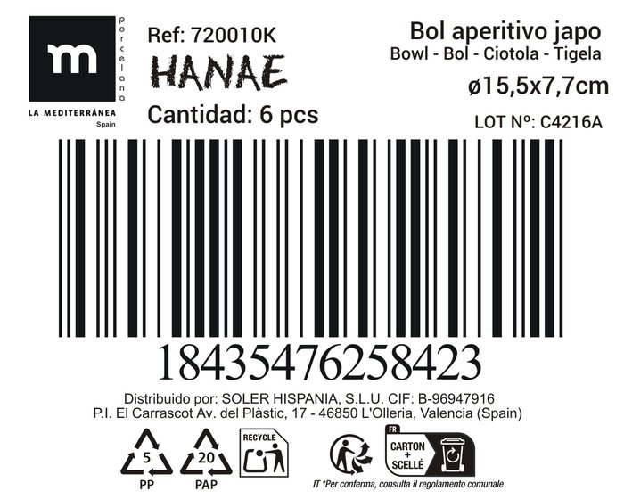 La Mediterranea Bol Aperitivo Japo 15.5 x 7.7 cm S. 6 D"Han (18 Unidades)