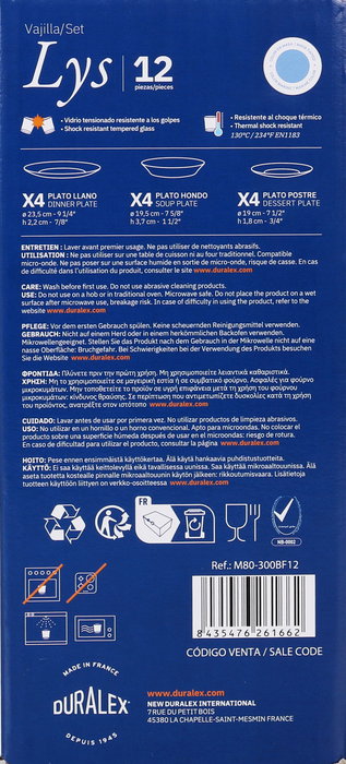 Duralex Vajilla Marine 12 Piezas "Lys" (H19,5 cm, P19 cm, Ll23.5 cm) (2 Unidades)