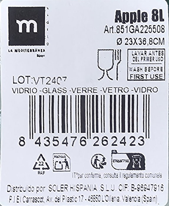 Apple Garrafa Vidrio 8L ø23x36.8cm (2 Unidades)