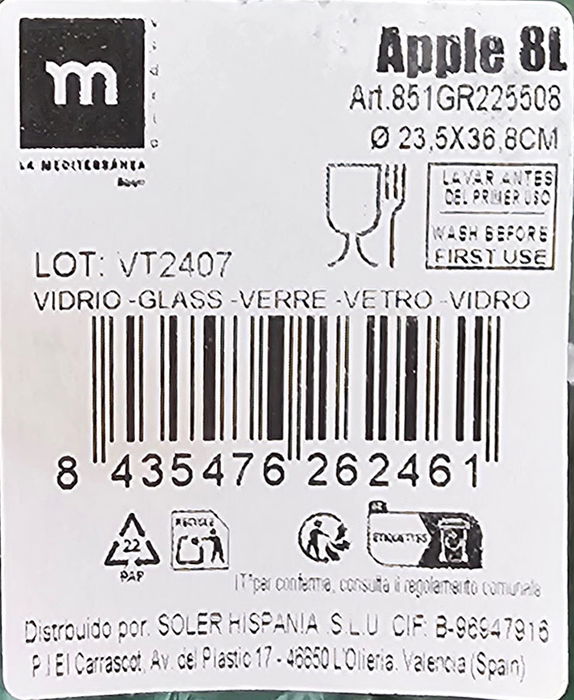 Inde Garrafa Vidrio Rayada 8 L "Apple" Ø 23.5 x 36.8 cm (2 Unidades)