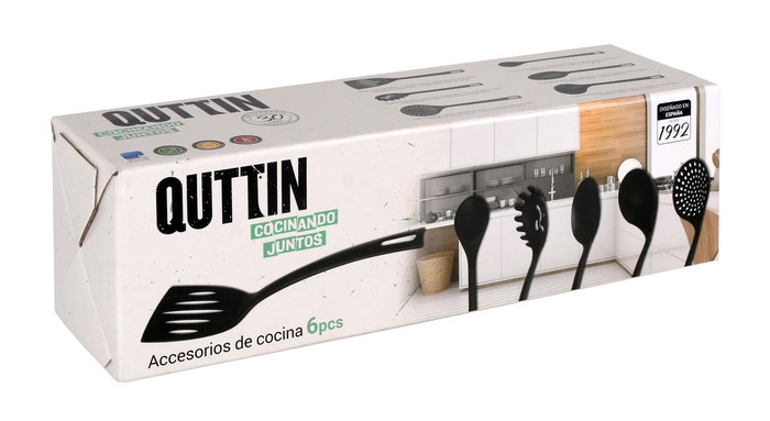 Quttin Set de 6 Utensilios de Cocina de Nylon Negro - Dimensiones: 31,8 cm Alto, 9,9 cm Largo, 9,4 cm Ancho (8 Cajas)