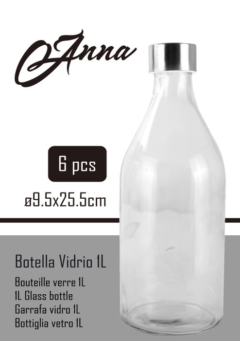 Anna Botella de Vidrio 1L con Tapa Metálica Round A (6 Unidades) inevitablemente resalta la marca y el pack. Anna Botella de Vidrio 1L con Tapa Metálica Round A (6 Unidades) inevitablemente resalta la marca y el pack.