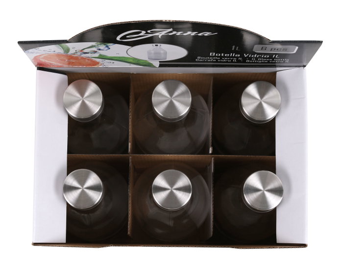 Anna Botella de Vidrio 1L con Tapa Metálica Round A (6 Unidades) inevitablemente resalta la marca y el pack. Anna Botella de Vidrio 1L con Tapa Metálica Round A (6 Unidades) inevitablemente resalta la marca y el pack.
