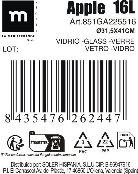 Inde Garrafa de Vidrio 16L "Apple" 31.5x31.5x41 cm