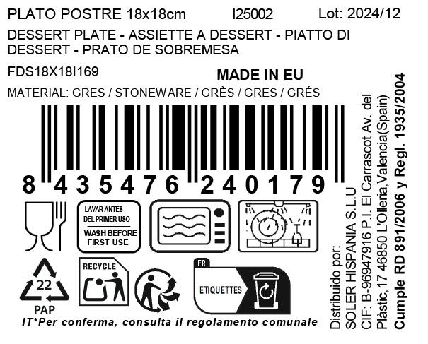 La Mediterranea Plato de Postre Cuadrado, Colección Electra con Acabado Elite Brillo 18x18x2 cm (12 Unidades)