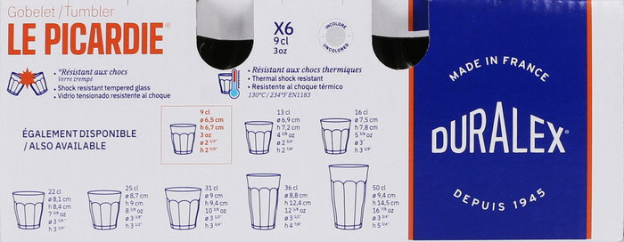 Duralex Set 6 Vasos Transparentes 90 cc Picardie ø6.5x6.5x7 cm (24 Cajas)