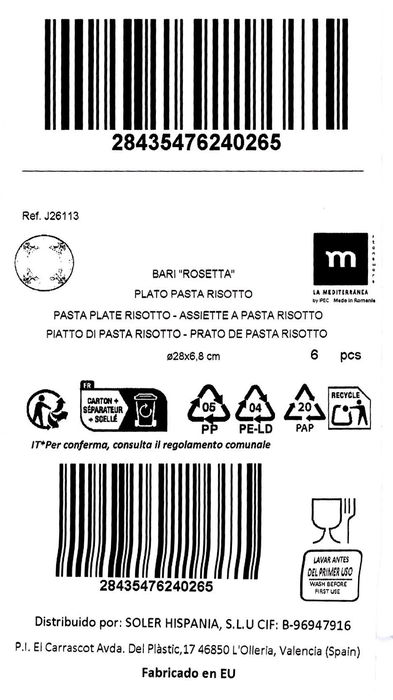 La Mediterranea Plato Pasta Risotto Ø28 cm Rosetta (6 Unidades)