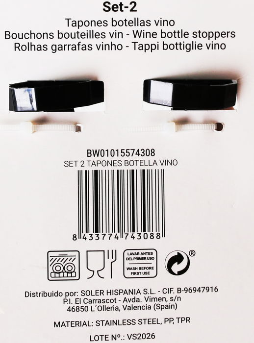 Wooow Set 2 Tapones Botella Vino Wooow 10 cm x 15.5 cm x 3 cm (24 Cajas)