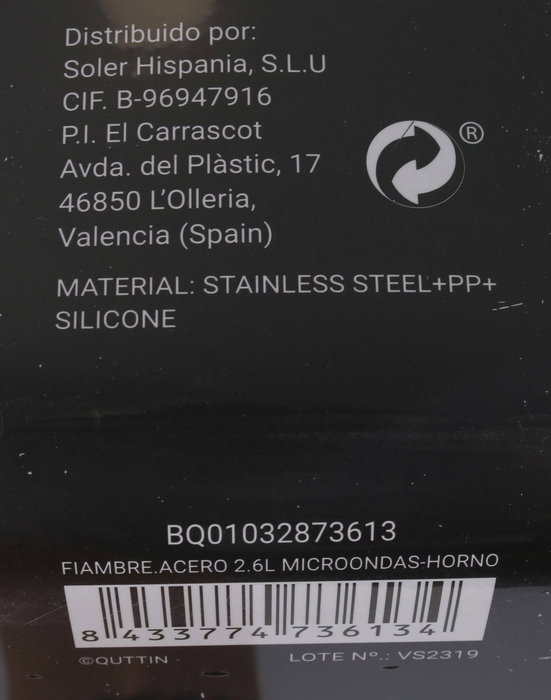 Quttin Fiambre Acero 2.6L para Microondas y Horno 23 cm x 17.9 cm x 11.6 cm (12 Unidades)