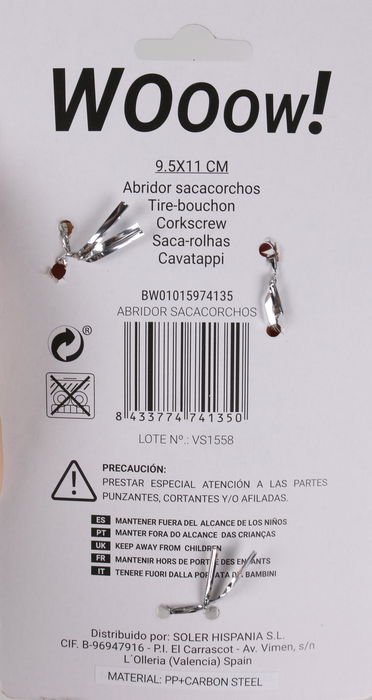 Wooow Sacacorchos Privilege Abridor 12 cm Ancho 9.5 cm Alto 1.8 cm (36 Unidades)