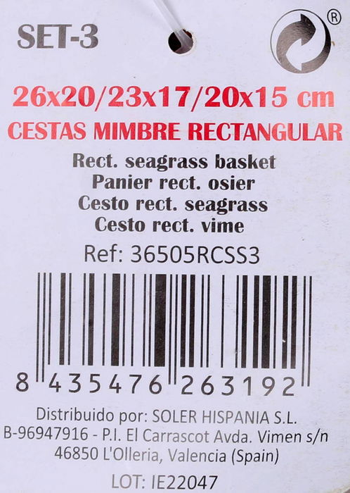 Privilege Set de 3 Cestas Rectangulares de Mimbre, Medidas: 26 x 20 cm, 23 x 17 cm y 20 x 15 cm (4 Cajas)