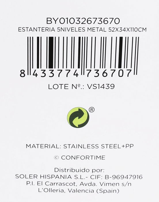 Confortime Estantería 5 Niveles Metal 52 x 34 x 110 cm (2 Unidades)