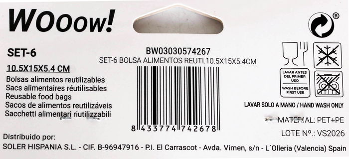 Wooow Set 6 Bolsas Alimentos Reutilizables 10.5 cm (36 Unidades)