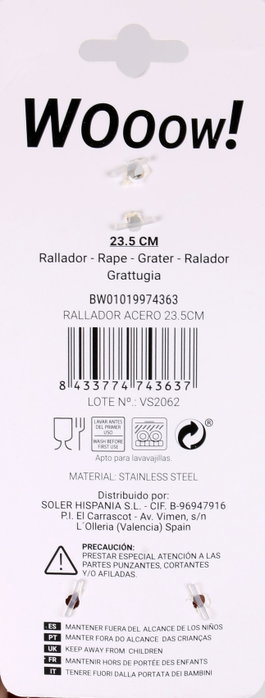 Wooow Rallador de Acero Inoxidable Privilege para Queso y Verduras, 23.5 cm