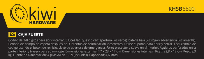 Kiwi Caja Fuerte 4.6L con Dimensiones 26 cm Ancho x 20 cm Alto x 20 cm Largo