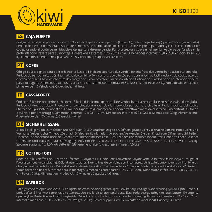 Kiwi Caja Fuerte 4.6L con Dimensiones 26 cm Ancho x 20 cm Alto x 20 cm Largo