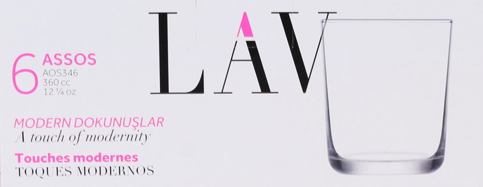 Lav Set de 6 Vasos de Agua 360 ml, Colección Assos, Vidrio, Dimensiones 17.3 x刷卡 (8 Cajas)