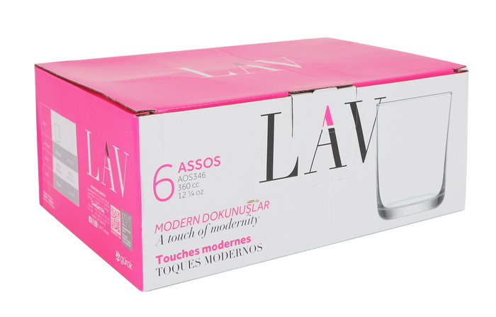 Lav Set de 6 Vasos de Agua 360 ml, Colección Assos, Vidrio, Dimensiones 17.3 x刷卡 (8 Cajas)