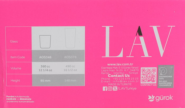 Lav Set de 6 Vasos de Agua 360 ml, Colección Assos, Vidrio, Dimensiones 17.3 x刷卡 (8 Cajas)