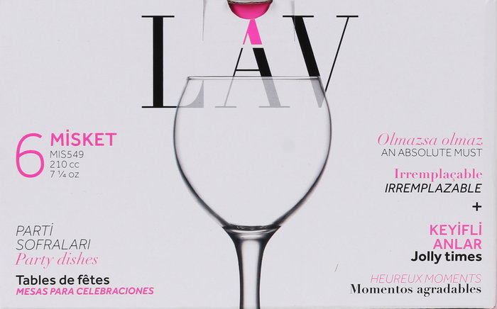 Lav Set 6 Copas de Vino Tinto Misket 210 cc - Dimensiones 16.6 cm Ancho x 15.9 cm Alto x 24.2 cm Largo - Conjunto de Copas (4 Cajas)