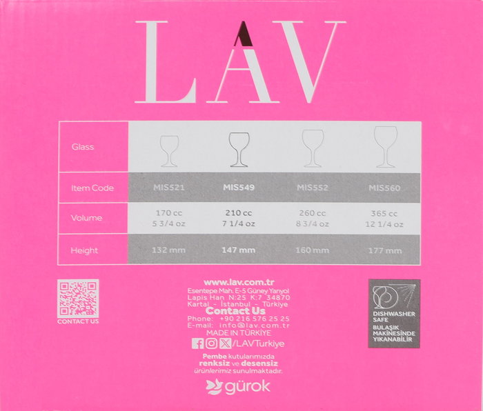 Lav Set 6 Copas de Vino Tinto Misket 210 cc - Dimensiones 16.6 cm Ancho x 15.9 cm Alto x 24.2 cm Largo - Conjunto de Copas (4 Cajas)