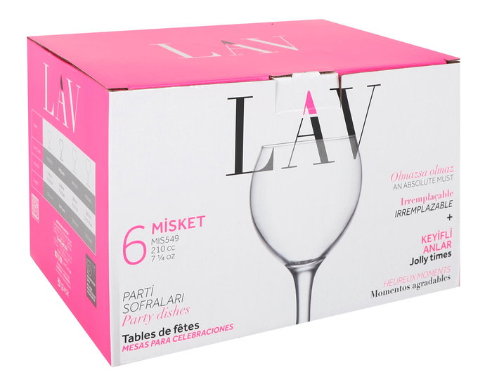 Lav Set 6 Copas de Vino Tinto Misket 210 cc - Dimensiones 16.6 cm Ancho x 15.9 cm Alto x 24.2 cm Largo - Conjunto de Copas (4 Cajas)