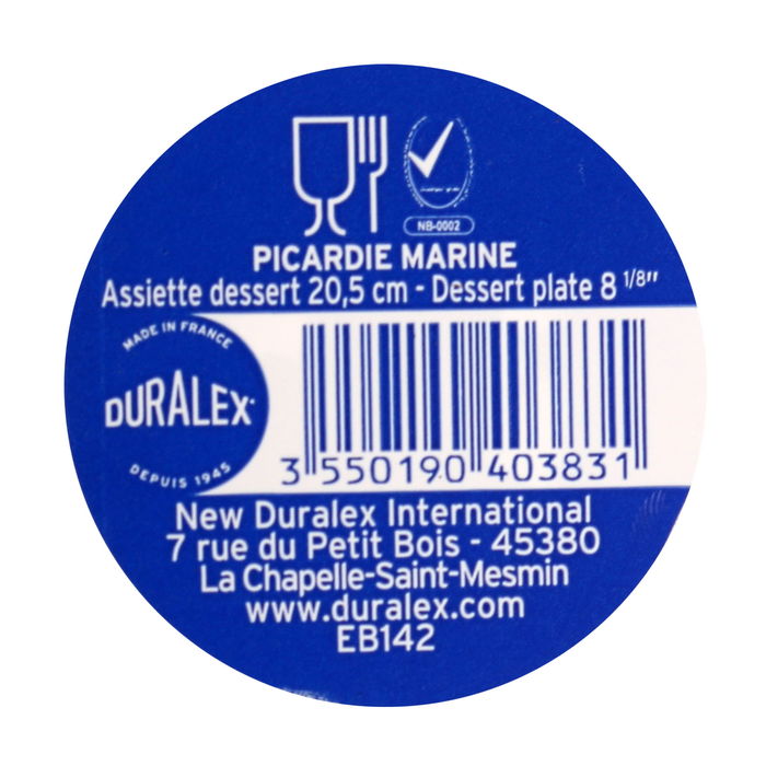 Duralex Plato Postre Picardie 20.5 cm - Plato de Postre Vidrio Templado, Resistente y Apilable, Color Marine (48 Unidades)