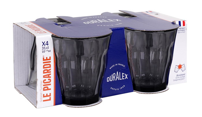 Duralex Vasos Picardie - Set de 4 vasos de vidrio templado, 31 cl (8.8 cm), color gris (12 Cajas)