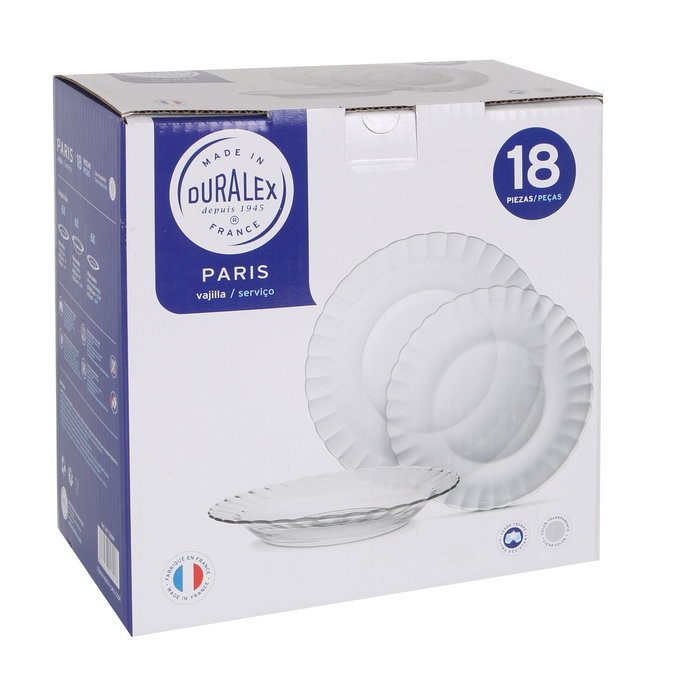 Duralex Vajilla Paris Transparente 18 Piezas (Llana 26 cm, Hondos 23 cm, Postre 20.5 cm) (2 Unidades)