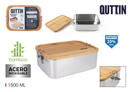 Quttin Fiambrera Rectangular con Tapa de Bambú 1500 ml, 20.5 x 15 x 7.7 cm (6 Unidades)