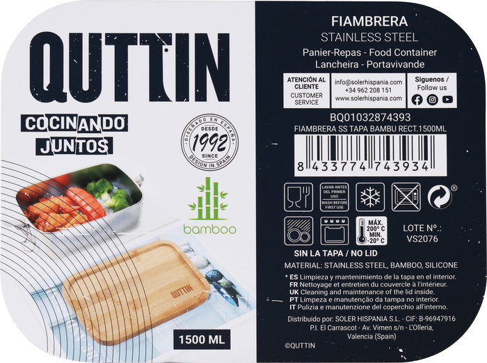 Quttin Fiambrera Rectangular con Tapa de Bambú 1500 ml, 20.5 x 15 x 7.7 cm (6 Unidades)