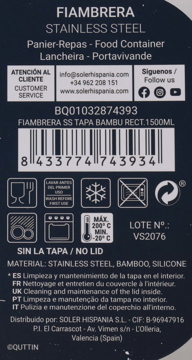 Quttin Fiambrera Rectangular con Tapa de Bambú 1500 ml, 20.5 x 15 x 7.7 cm (6 Unidades)