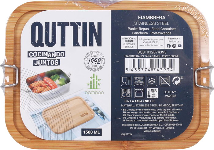 Quttin Fiambrera Rectangular con Tapa de Bambú 1500 ml, 20.5 x 15 x 7.7 cm (6 Unidades)