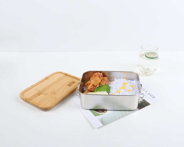 Quttin Fiambrera Rectangular con Tapa de Bambú 1500 ml, 20.5 x 15 x 7.7 cm (6 Unidades)