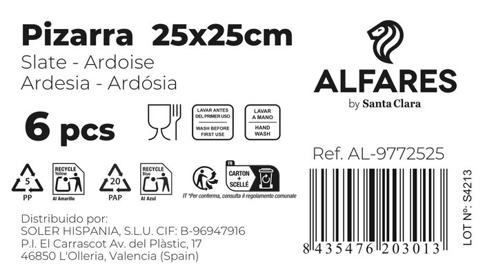 Santa Clara Plato Pizarra de Cerámica 25 x 25 cm para Alfarería -5064- F (12 Unidades)