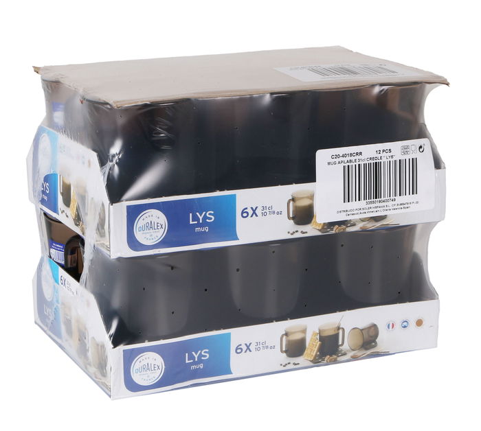 Duralex Mug Apilable Lys, Taza de Vidrio de 31 cl (310 ml), Diámetro 10 cm, Color Crema (12 Unidades)