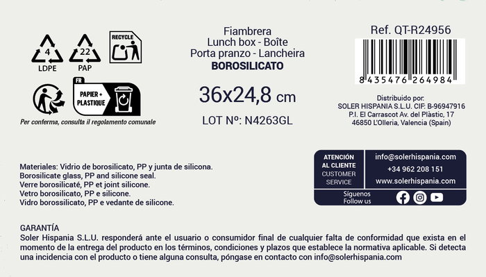 Quttin Fiambrera Extra Rectangular 36 x 24.8 x 8.1 cm sin Válvula 3.7 L (4 Unidades)